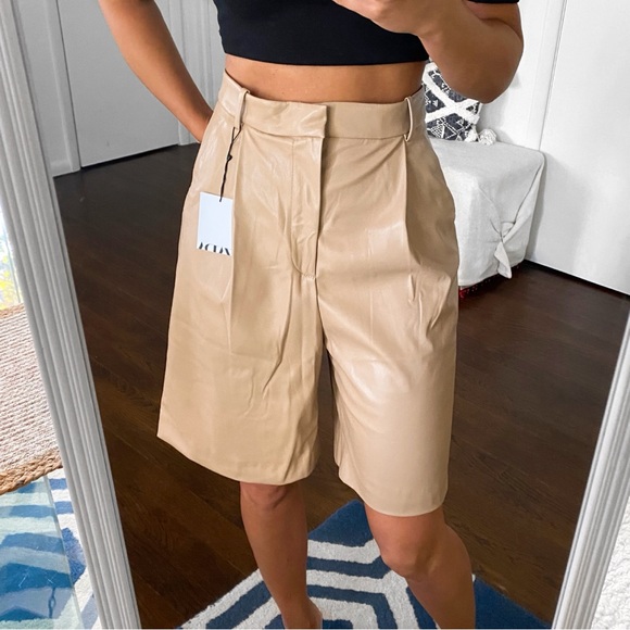 🍂 ZARA TAN FAUX LEATHER HIGH WAIST BERMUDA SHORTS! - Picture 5 of 16